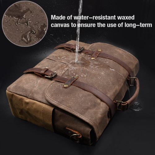 Men's Messenger Bag 15.6 Inch Waterproof Vintage Genuine Leather Waxed Canvas Briefcase Large Leather Computer Laptop Bag Rugged Satchel Shoulder Bag, Brown