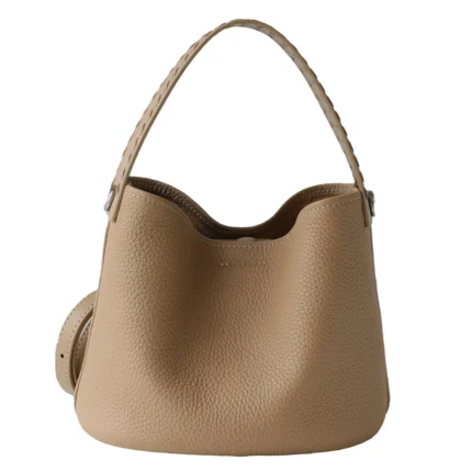 2026 New Women's Top Grain Leather Bucket Bag Woven Hollow Handle Adjustable Strap Crossbody Shoulder Handbag