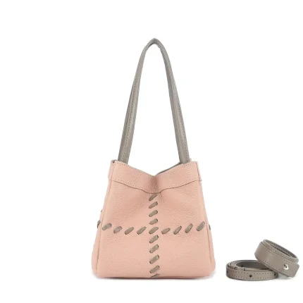 2026 New Women's Top Grain Leather Bucket Bag Handmade Contrast Stitching Adjustable Strap Shoulder Handbag