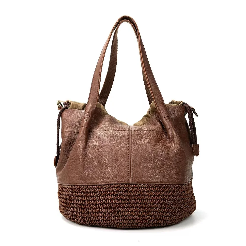 kf-S28fa3f6c4d4f4a7fa3ae4c196d4e4b9cm Genuine Leather Handmade Oil Wax Rope Woven Women's Handbag Large-capacity First Layer Cowhide One-shoulder Retro Tote Bag - Image 1