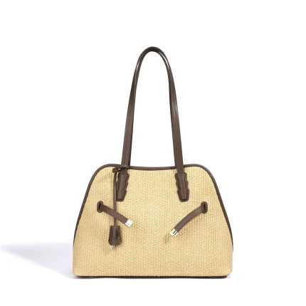 Women's PP Grass & Top-Grain Cowhide Tote Bag Multi-way Shoulder Crossbody Handbag for Summer Beach Commute