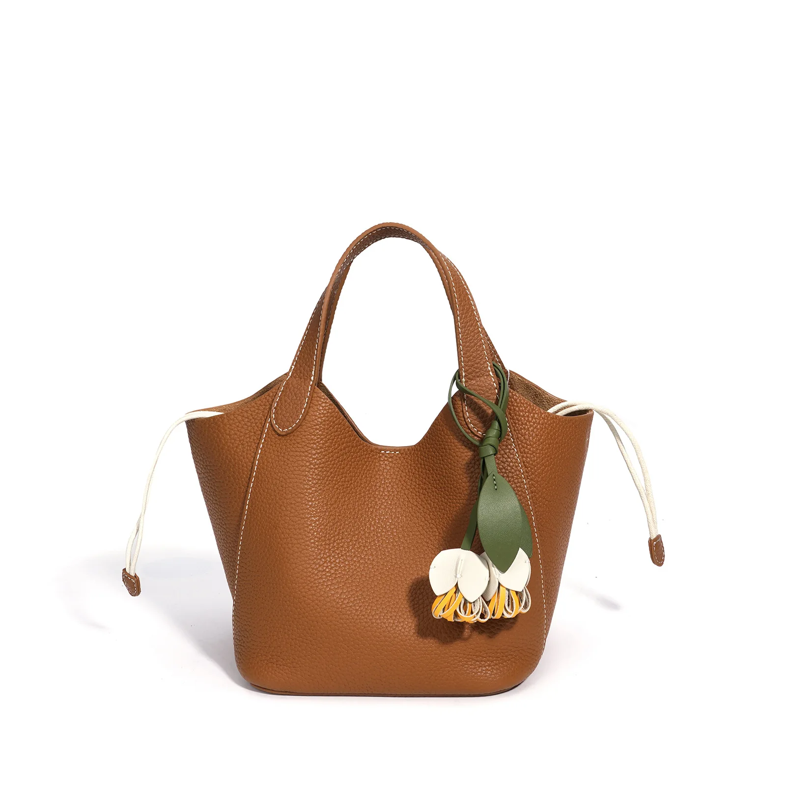 kf-Scff8351518f94e5d947a4d552e27b85dR Women's Top-Grain Cowhide Leather Basket Tote Bag with Floral Pendant Adjustable Strap Multi-use Handbag for Work & Daily - Image 1