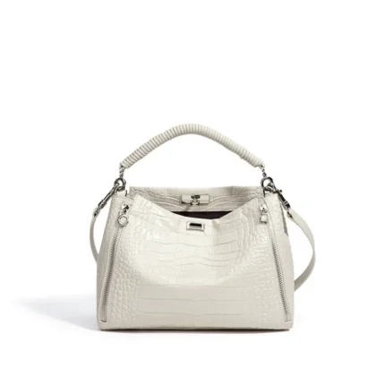 Women's Top Grain Leather Crocodile Embossed Handbag Braided Handle Multi-Zipper Turn Lock Shoulder Bag
